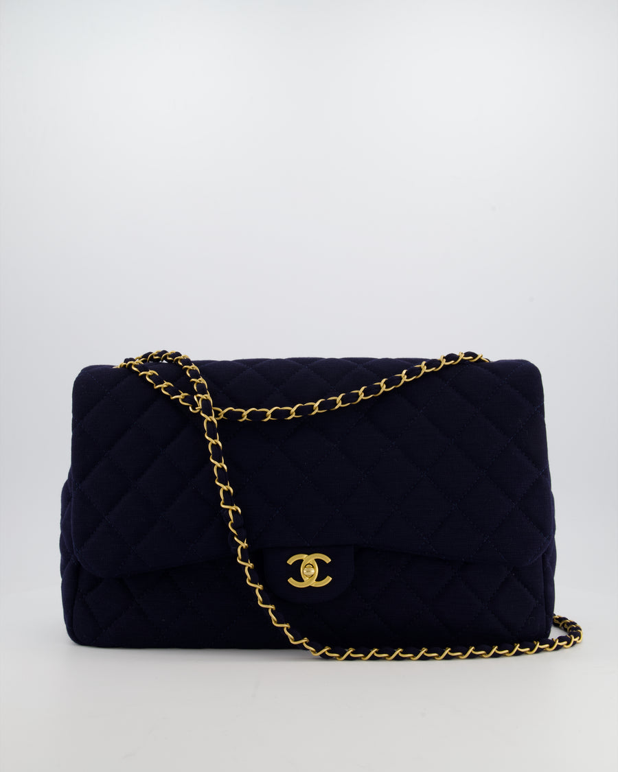 Chanel Navy XXL Single Flap Bag in Quilted Jersey with Gold Hardware