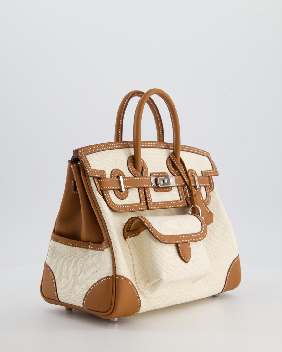 *SUPER HOT & RARE* Hermès Birkin 25 Cargo Bag in Ecru Toile Goeland and Gold Swift Leather with Palladium Hardware