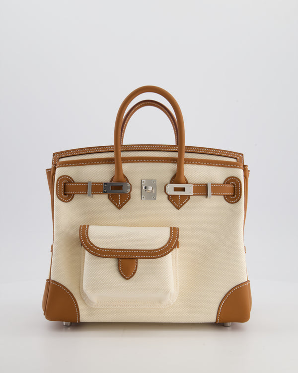 *SUPER HOT & RARE* Hermès Birkin 25 Cargo Bag in Ecru Toile Goeland and Gold Swift Leather with Palladium Hardware