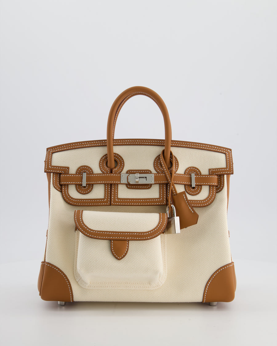 *SUPER HOT & RARE* Hermès Birkin 25 Cargo Bag in Ecru Toile Goeland and Gold Swift Leather with Palladium Hardware