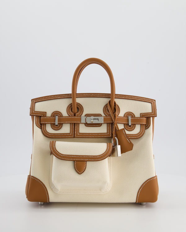 *SUPER HOT & RARE* Hermès Birkin 25 Cargo Bag in Ecru Toile Goeland and Gold Swift Leather with Palladium Hardware
