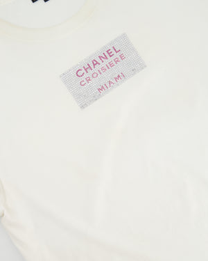 Chanel White T-shirt Rhinestones Detail “Croisiere Miami” Size M (UK 10)