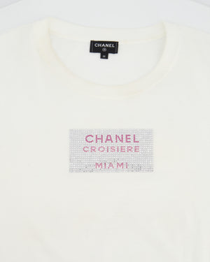 Chanel White T-shirt Rhinestones Detail “Croisiere Miami” Size M (UK 10)
