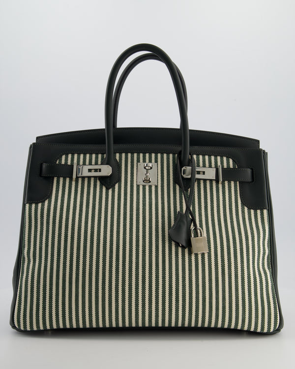 *COLLECTORS* Hermès Birkin 35 Retourne Bag in Ecru & Vert Anglais Toile Riga & Swift Leather with Palladium Hardware