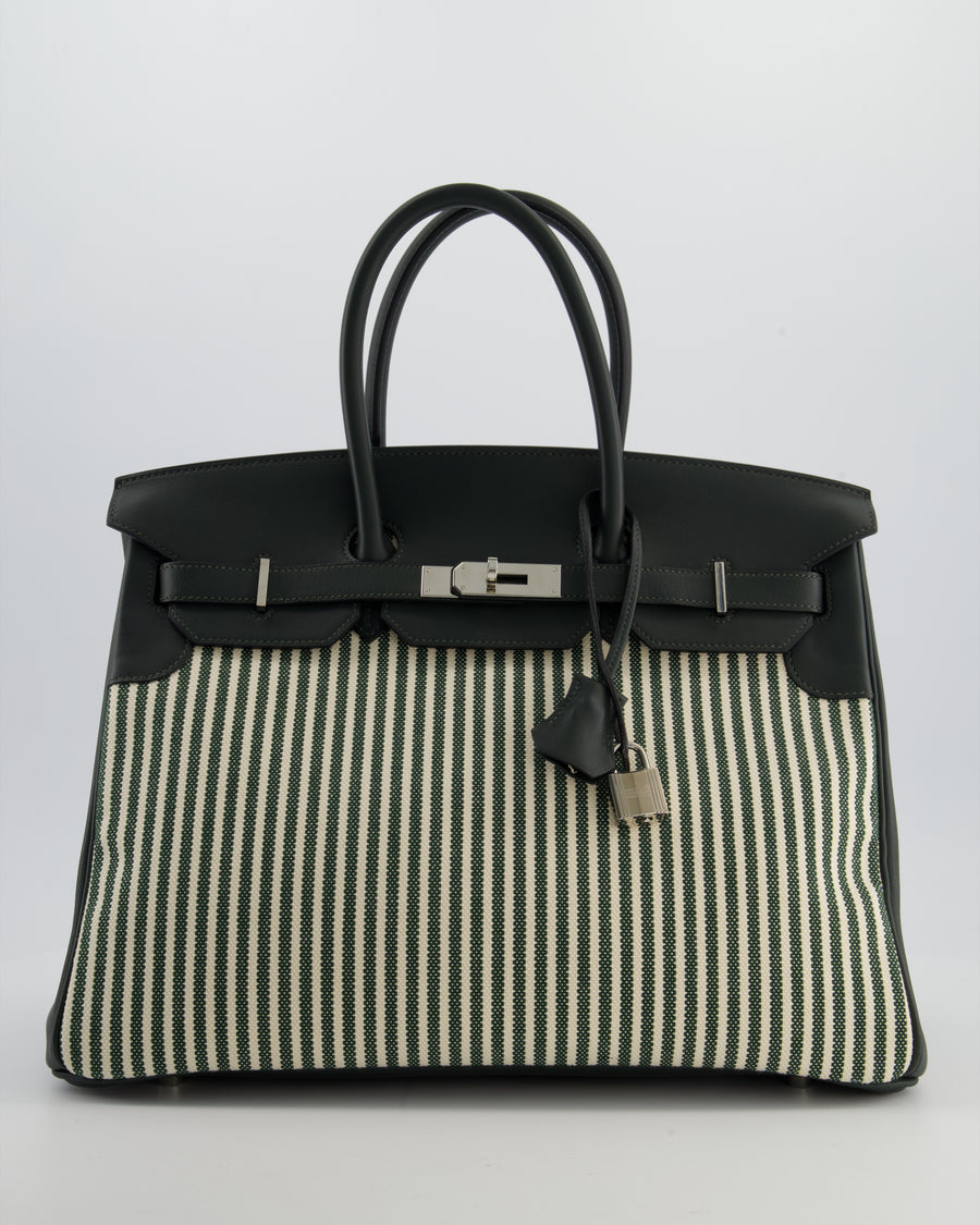 *COLLECTORS* Hermès Birkin 35 Retourne Bag in Ecru & Vert Anglais Toile Riga & Swift Leather with Palladium Hardware