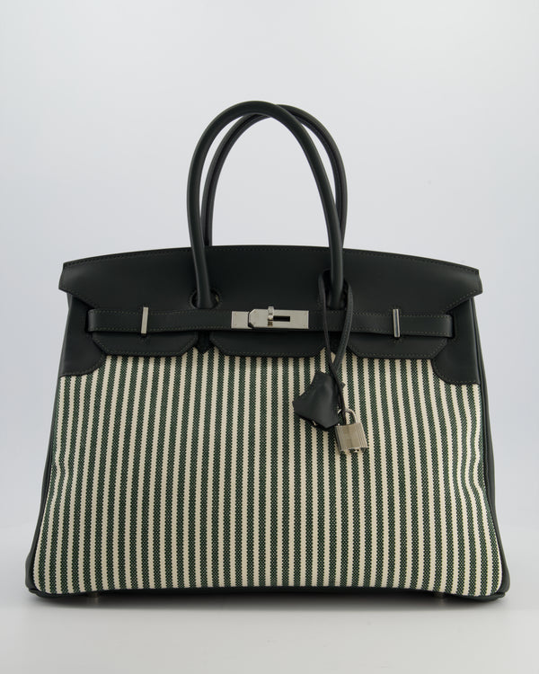 *COLLECTORS* Hermès Birkin 35 Retourne Bag in Ecru & Vert Anglais Toile Riga & Swift Leather with Palladium Hardware