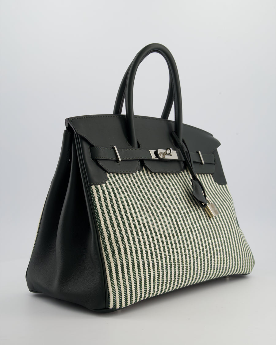*COLLECTORS* Hermès Birkin 35 Retourne Bag in Ecru & Vert Anglais Toile Riga & Swift Leather with Palladium Hardware