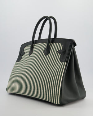 *COLLECTORS* Hermès Birkin 35 Retourne Bag in Ecru & Vert Anglais Toile Riga & Swift Leather with Palladium Hardware