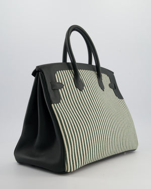 *COLLECTORS* Hermès Birkin 35 Retourne Bag in Ecru & Vert Anglais Toile Riga & Swift Leather with Palladium Hardware