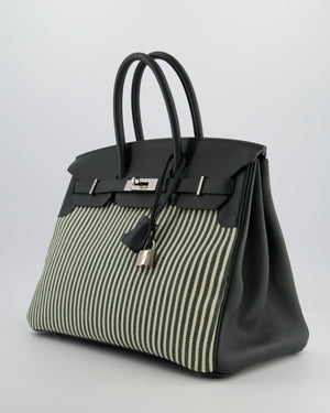 *COLLECTORS* Hermès Birkin 35 Retourne Bag in Ecru & Vert Anglais Toile Riga & Swift Leather with Palladium Hardware