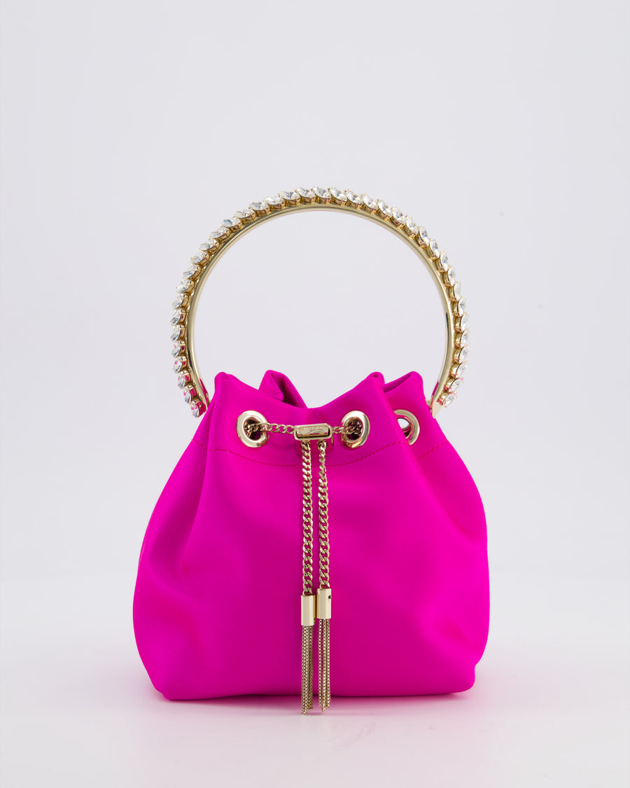 Jimmy Choo Hot Pink Satin Bon Bon Crystal Embellished Top Handle Bag with Champagne Gold Hardware RRP £1495