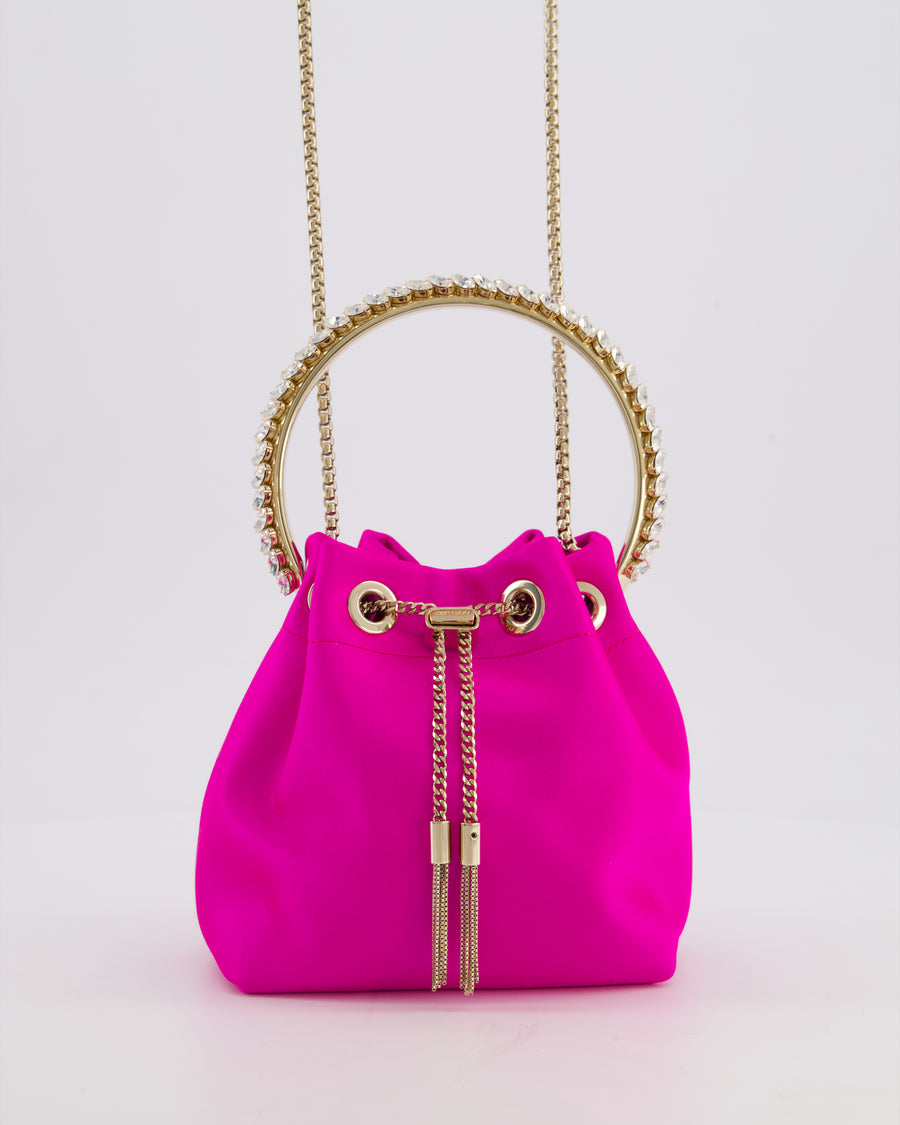 Jimmy Choo Hot Pink Satin Bon Bon Crystal Embellished Top Handle Bag with Champagne Gold Hardware RRP £1495