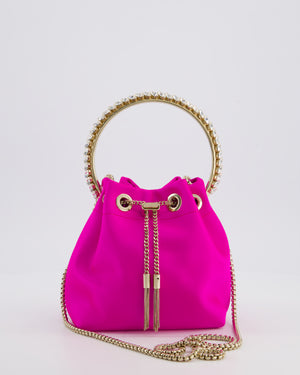 Jimmy Choo Hot Pink Satin Bon Bon Crystal Embellished Top Handle Bag with Champagne Gold Hardware RRP £1495