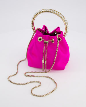 Jimmy Choo Hot Pink Satin Bon Bon Crystal Embellished Top Handle Bag with Champagne Gold Hardware RRP £1495