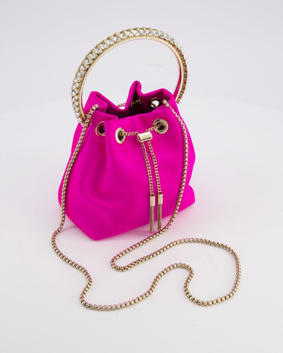 Jimmy Choo Hot Pink Satin Bon Bon Crystal Embellished Top Handle Bag with Champagne Gold Hardware RRP £1495