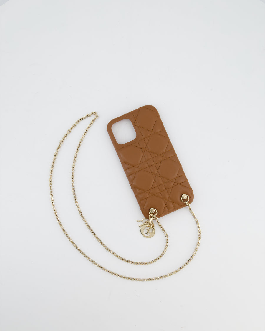 Christian Dior Brown Cannage Quilted iPhone Case with Champagne Gold Chain and Logo Charm Detail