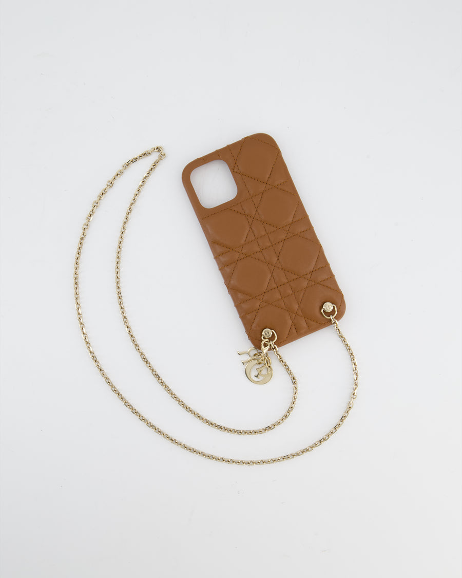Christian Dior Brown Cannage Quilted iPhone Case with Champagne Gold Chain and Logo Charm Detail