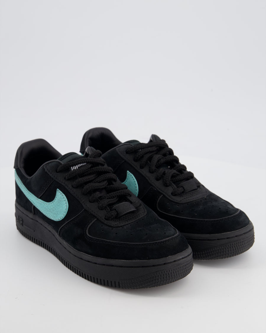 Nike Air Force 1 Low x Tiffany & Co. 1897 Black Suede Trainers with Tiffany Blue Nubuck Swoosh Logo & Silver Badge Detail Size EU 37