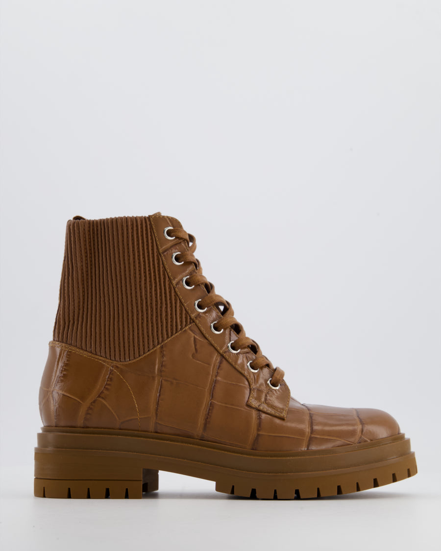 Gianvito Rossi Brown Crocodile Embossed Leather Ankle Boots with Elasticated Ankle Detail EU 37
