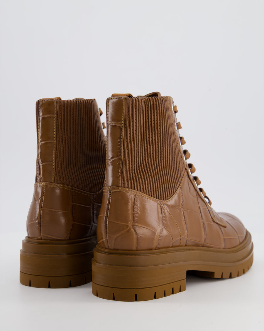 Gianvito Rossi Brown Crocodile Embossed Leather Ankle Boots with Elasticated Ankle Detail EU 37