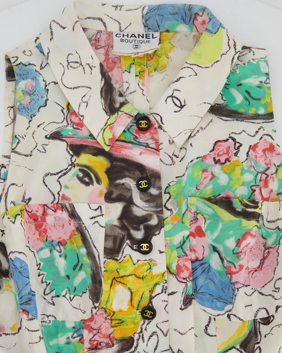 Chanel Spring 1995 White Floral Printed Sleeveless Button-Down Mini Dress with CC Logo Buttons and Collared Neckline Detail Size FR 38 (UK 10)