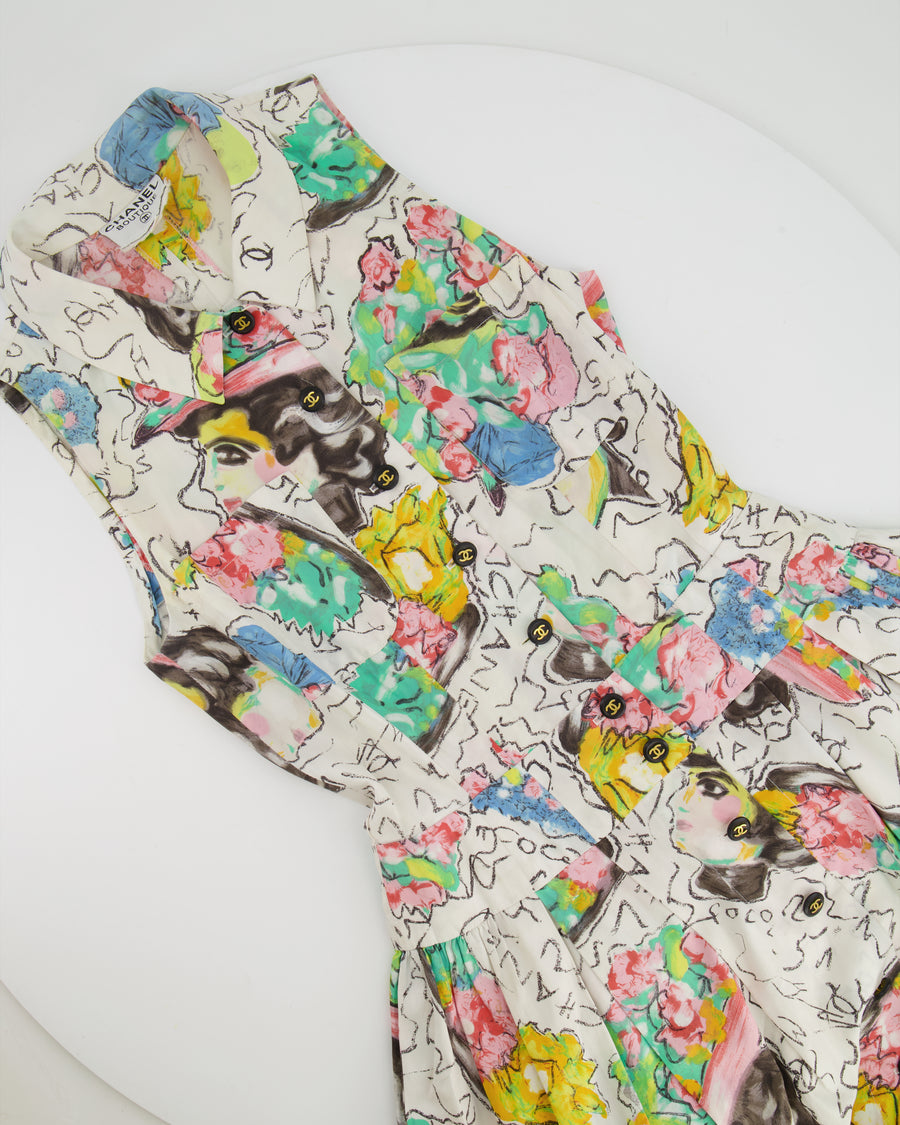 Chanel Spring 1995 White Floral Printed Sleeveless Button-Down Mini Dress with CC Logo Buttons and Collared Neckline Detail Size FR 38 (UK 10)
