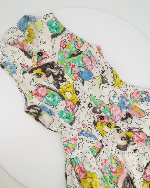 Chanel Spring 1995 White Floral Printed Sleeveless Button-Down Mini Dress with CC Logo Buttons and Collared Neckline Detail Size FR 38 (UK 10)