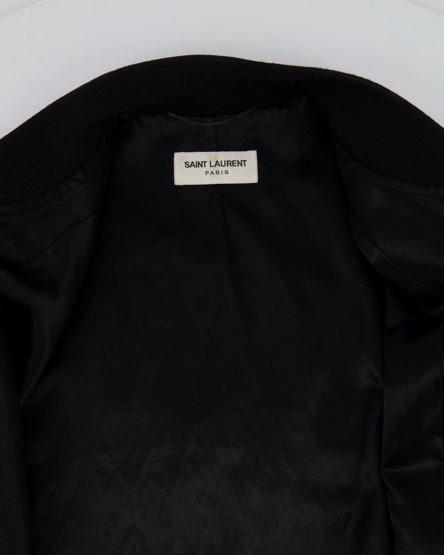 Saint Laurent Black Satin Bomber Jacket with Multicolour Glitter and Leather Shark Detail and "Sweet Dreams" Embroidery Size FR 36 (UK 8)