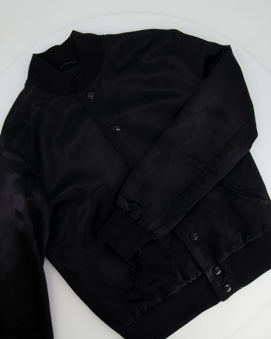 Saint Laurent Black Satin Bomber Jacket with Multicolour Glitter and Leather Shark Detail and "Sweet Dreams" Embroidery Size FR 36 (UK 8)