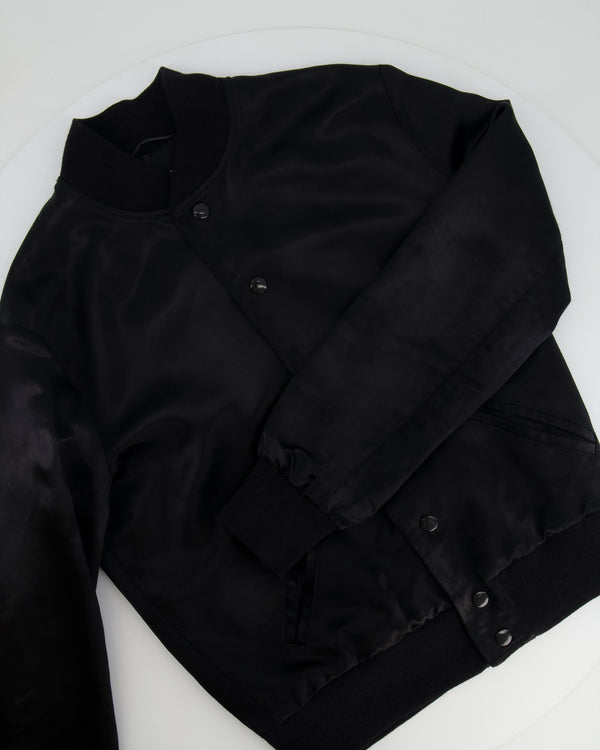 Saint Laurent Black Satin Bomber Jacket with Multicolour Glitter and Leather Shark Detail and "Sweet Dreams" Embroidery Size FR 36 (UK 8)
