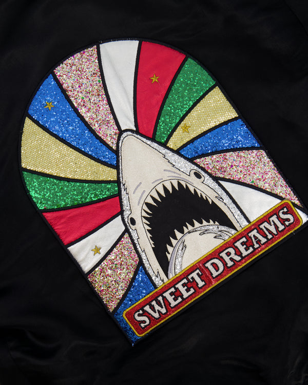 Saint Laurent Black Satin Bomber Jacket with Multicolour Glitter and Leather Shark Detail and "Sweet Dreams" Embroidery Size FR 36 (UK 8)