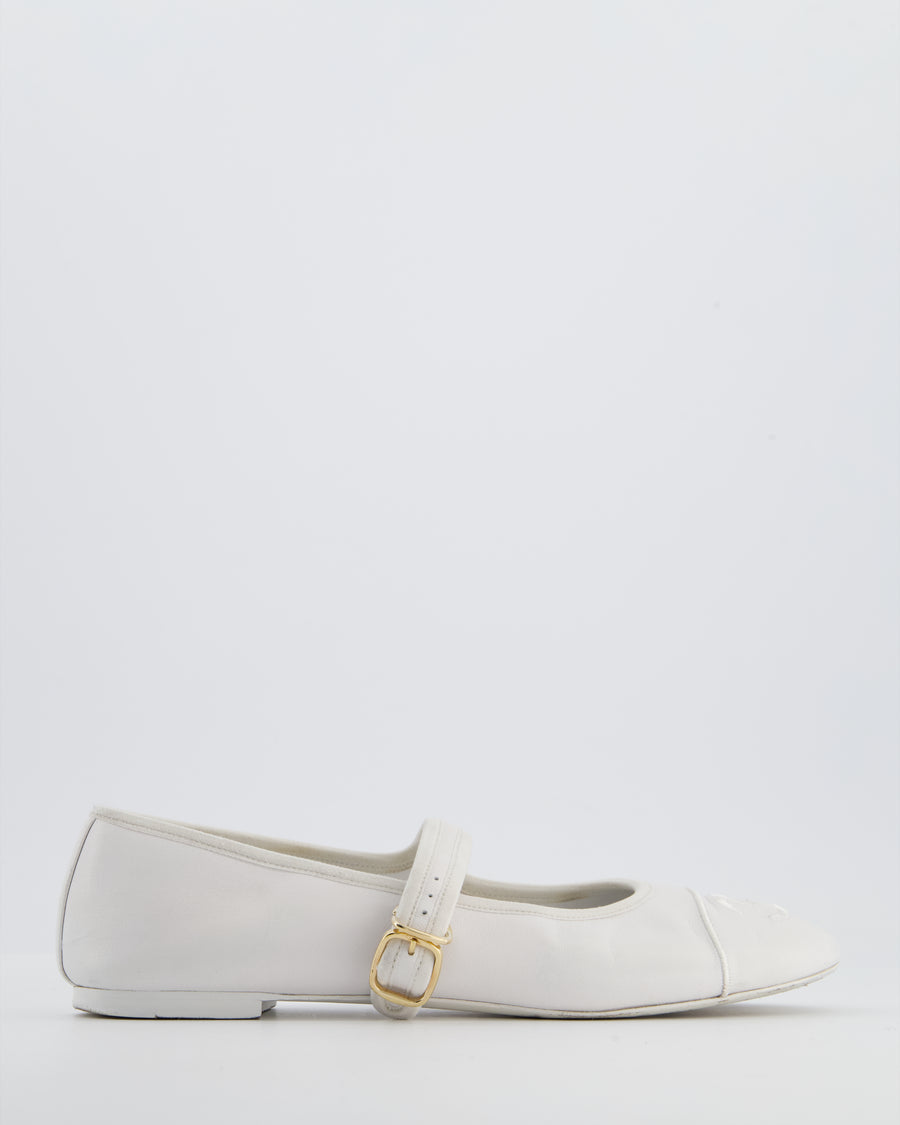 Chanel White Mary Jane Ballerina Shoes in Calfskin Leather with Strap Detail Size EU 39