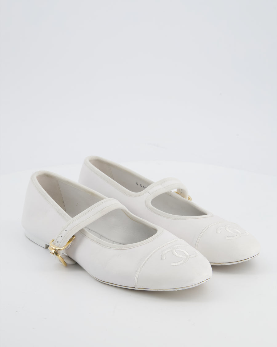 Chanel White Mary Jane Ballerina Shoes in Calfskin Leather with Strap Detail Size EU 39