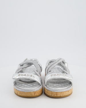 Chanel Metallic Silver Rope & Lambskin Dad Sandals with Silver CC Logo Details Size 39