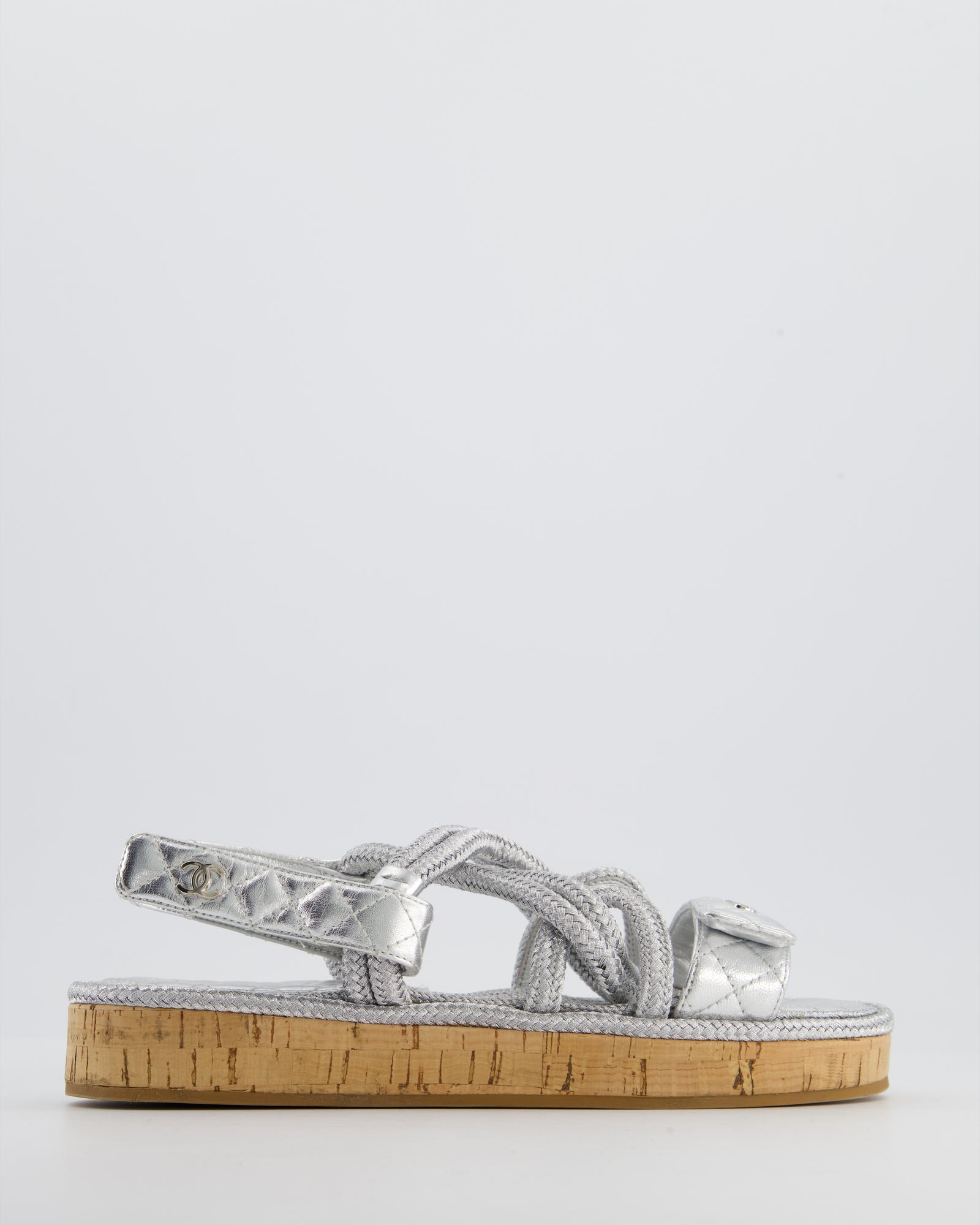 Chanel Strappy Silver Leather Sandals 39.5 (8-9)Elegant Buckle