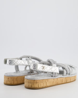 Chanel Metallic Silver Rope & Lambskin Dad Sandals with Silver CC Logo Details Size 39