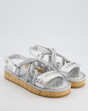 Chanel Metallic Silver Rope & Lambskin Dad Sandals with Silver CC Logo Details Size 39