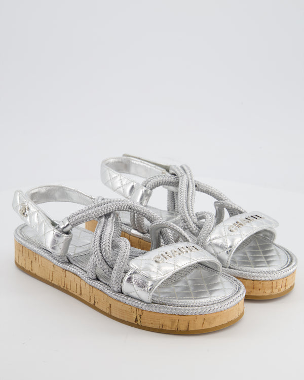 Chanel Metallic Silver Rope & Lambskin Dad Sandals with Silver CC Logo Details Size 39