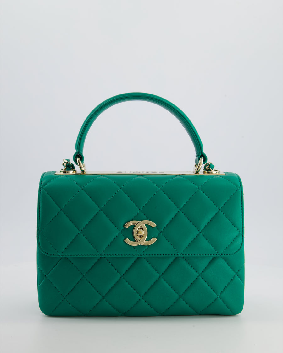 Chanel Emerald Green Small Trendy CC Flap Bag in Quilted Lambskin Leather with Champagne Gold Hardware