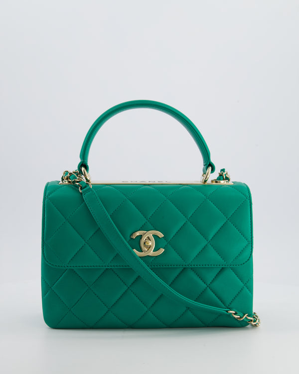 Chanel Emerald Green Small Trendy CC Flap Bag in Quilted Lambskin Leather with Champagne Gold Hardware