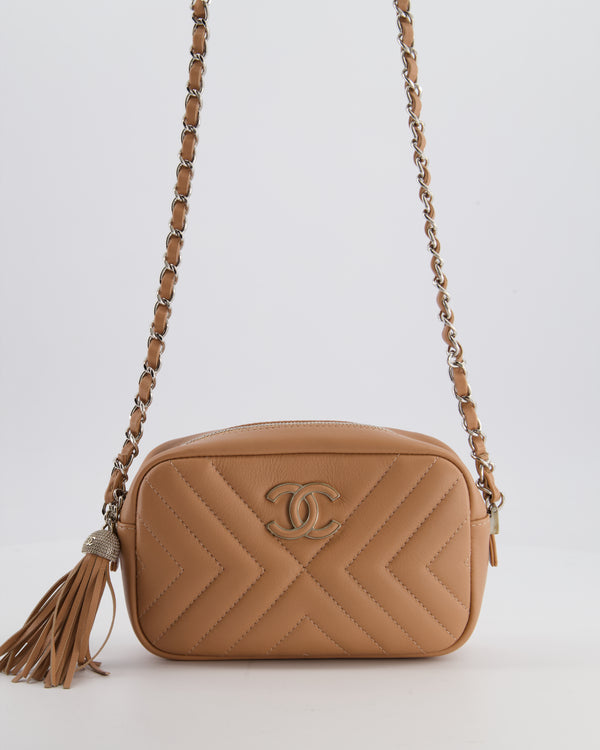 Chanel Nude Pink Small Camera Bag in Chevron Quilted Lambskin Leather with CC Logo & Tassel Detail