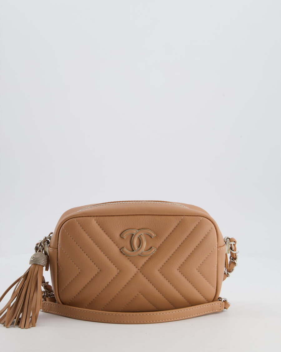 Chanel Nude Pink Small Camera Bag in Chevron Quilted Lambskin Leather with CC Logo & Tassel Detail