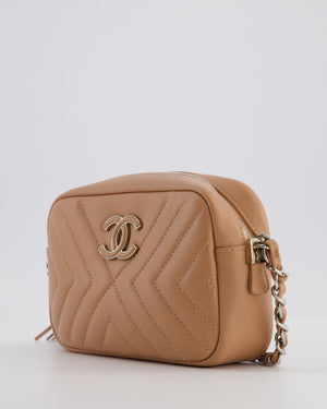 Chanel Nude Pink Small Camera Bag in Chevron Quilted Lambskin Leather with CC Logo & Tassel Detail