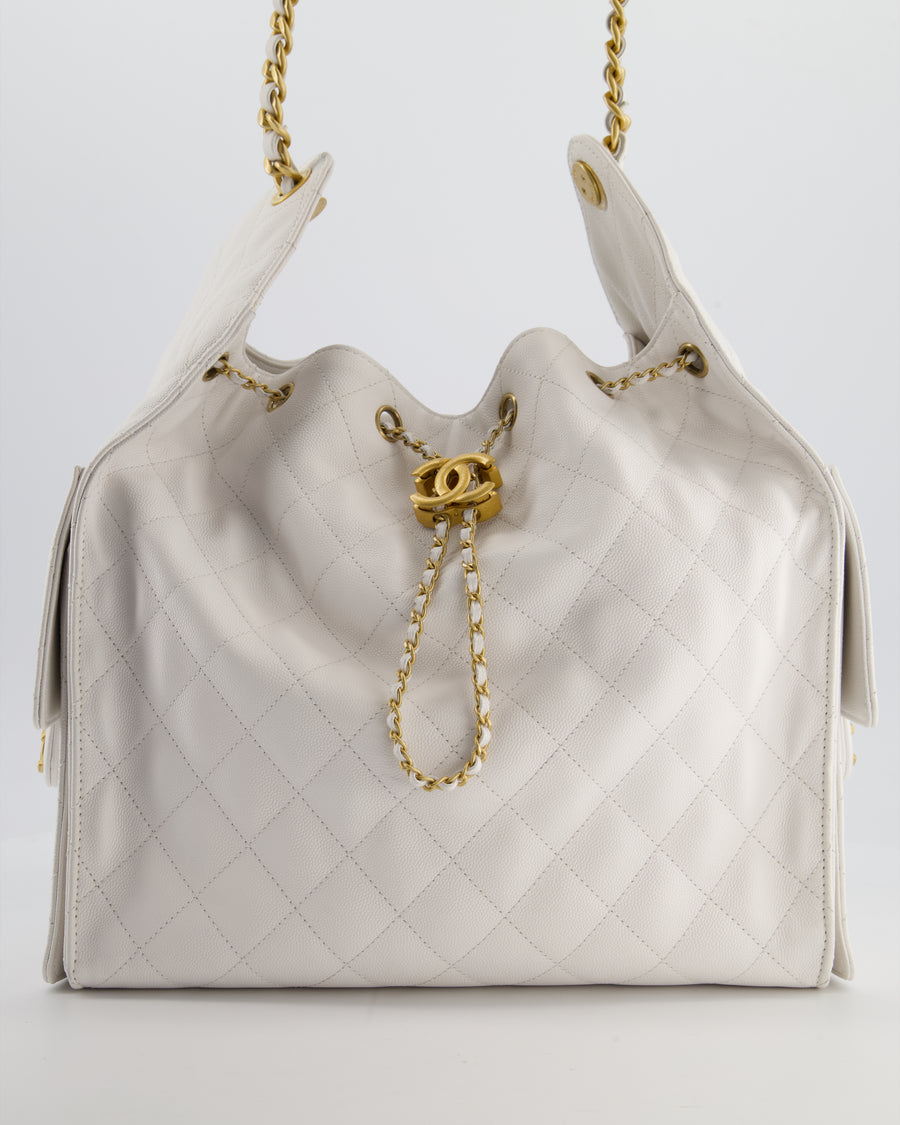 *RARE* Chanel 25 Medium Handbag in White Grained Calfskin Leather with Antique Gold Hardware