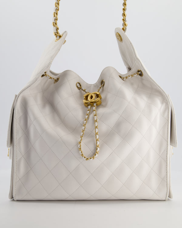 *RARE* Chanel 25 Medium Handbag in White Grained Calfskin Leather with Antique Gold Hardware