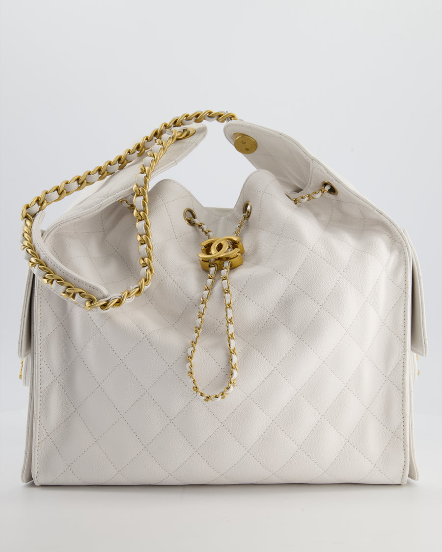 *RARE* Chanel 25 Medium Handbag in White Grained Calfskin Leather with Antique Gold Hardware