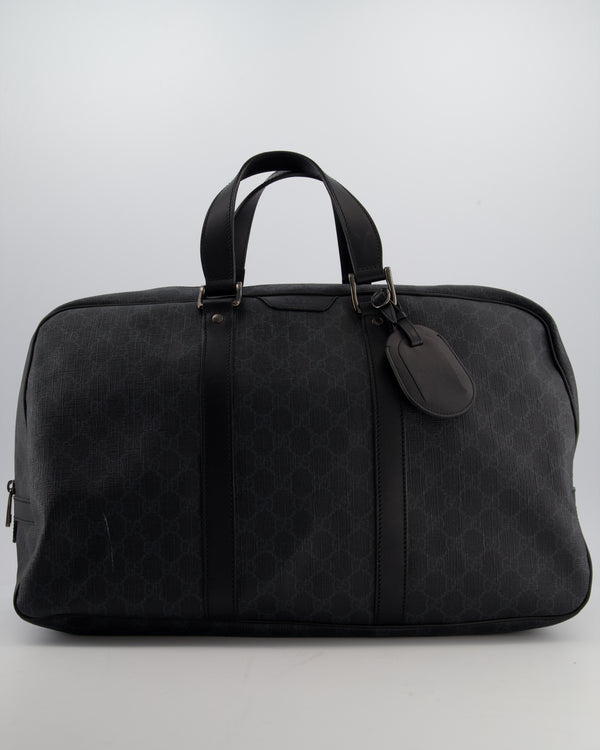 Gucci Black GG Carry On Duffle Bag in Supreme Coated Canvas with Leather Handles Detail