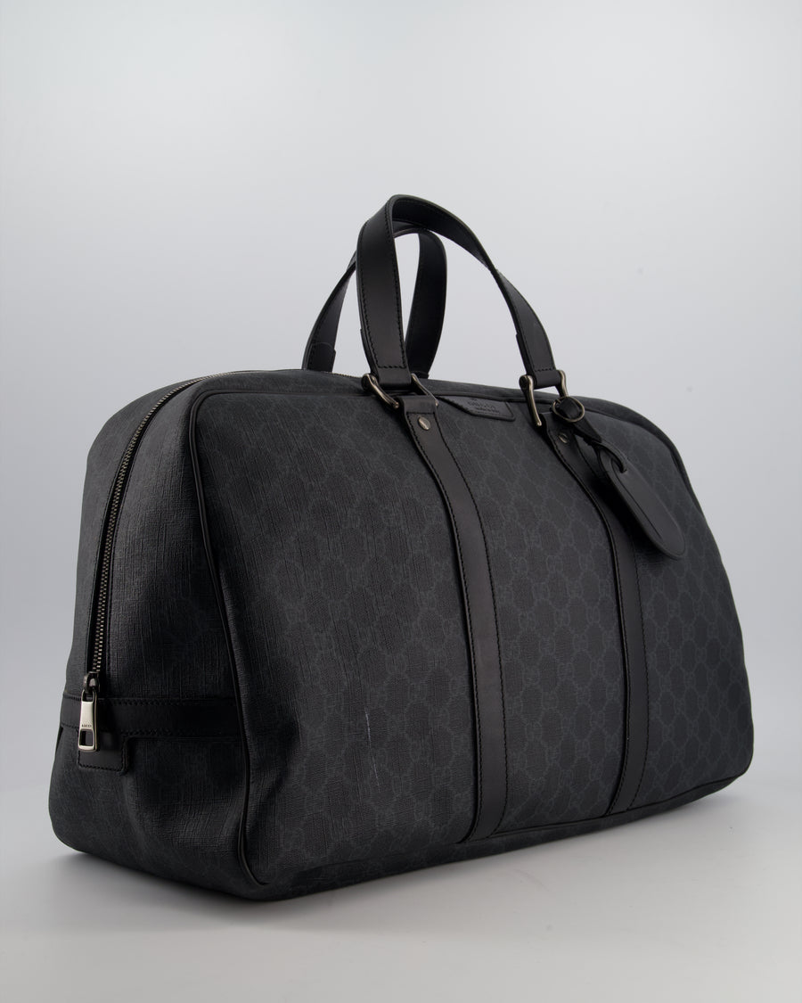 Gucci Black GG Carry On Duffle Bag in Supreme Coated Canvas with Leather Handles Detail