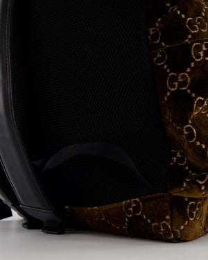Gucci Brown & Black GG Backpack in Velvet Monogram Material & Black Leather Strap with Brushed Gold Hardware