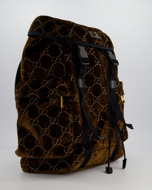 Gucci Brown & Black GG Backpack in Velvet Monogram Material & Black Leather Strap with Brushed Gold Hardware
